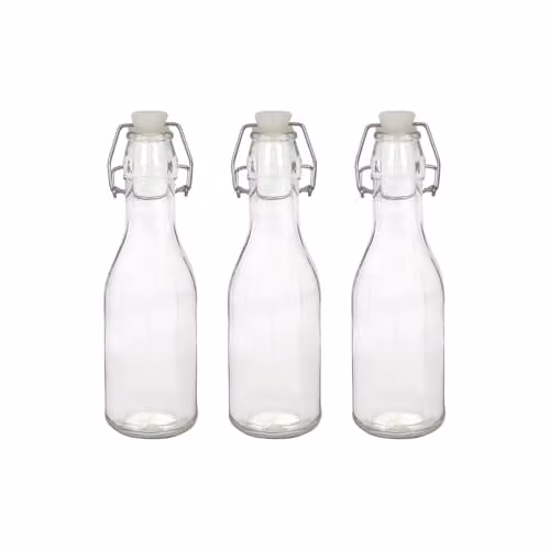 Argon Tableware Pack of 3 Reusable 250ml Glass Bottles with Swing Top Lids in Transparent