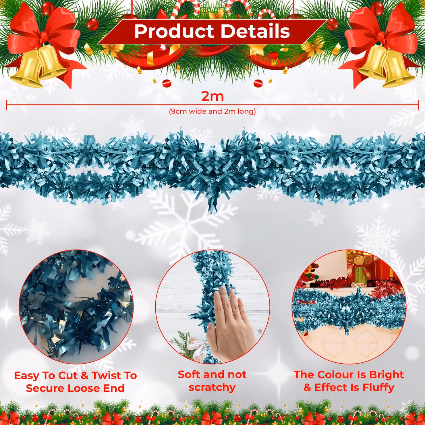 Neel Blue Baby Blue Shiny Metallic Chunky Tinsel Christmas Garland – 2