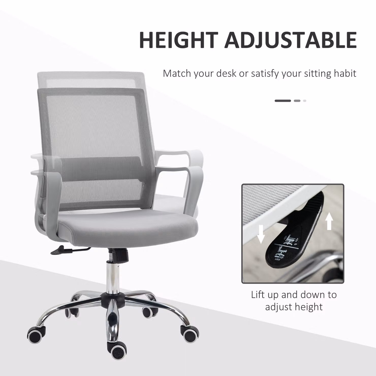 Vinsetto Ergonomic Grey Fabric Office Chair with Armrests and 360 Degree Swivel – 3