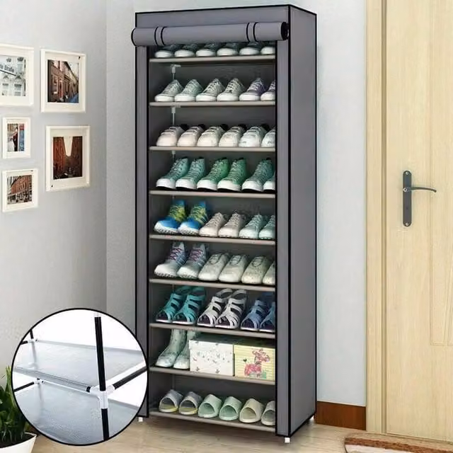 FORGEVIO Grey 10 Tier Dustproof Shoe Rack with Back Panel