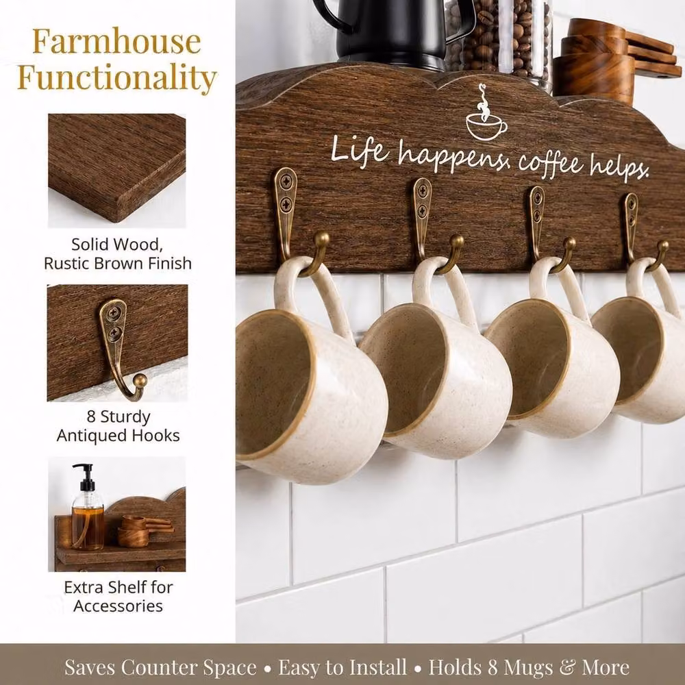 Kelvenix Brown Wood Wall Mounted Coffee Mug Holder with 8 Hooks, 2 Pack – 5