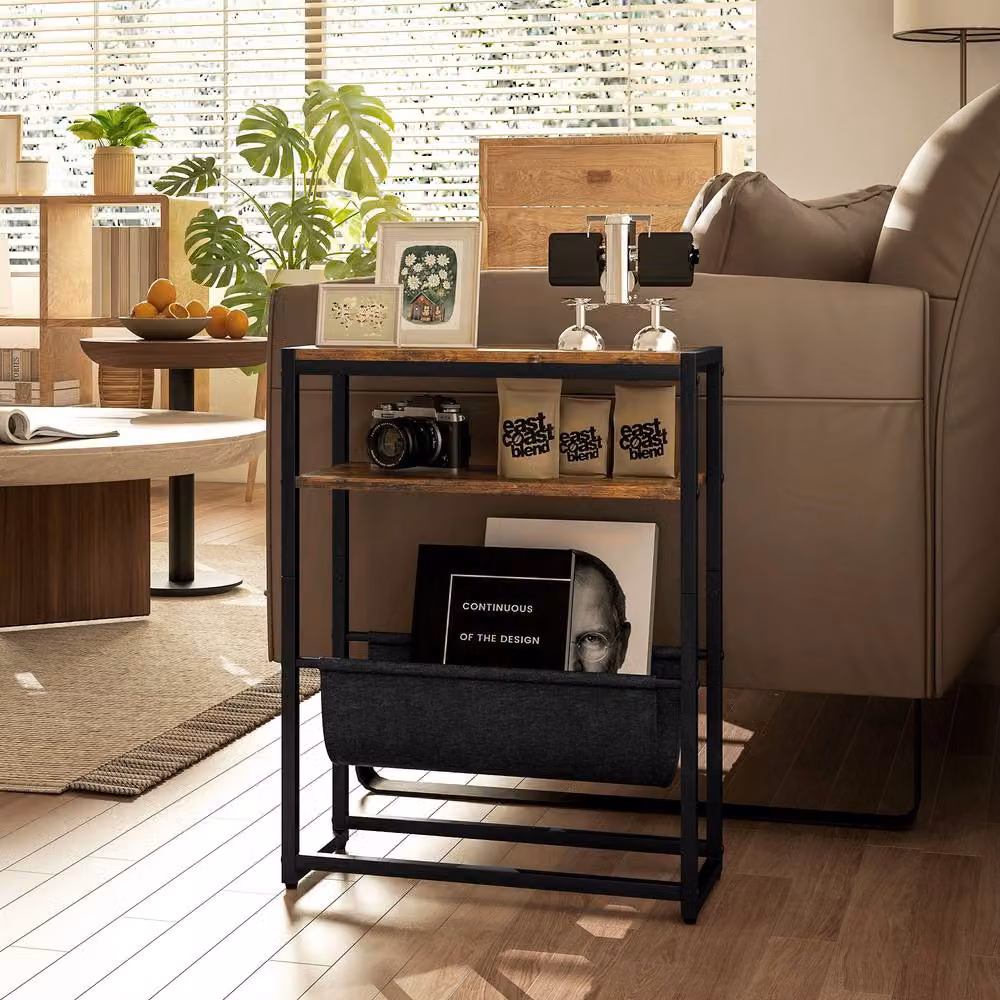 STILVORA Industrial Side Table with 3-Tier Storage in Brown and Black – 3