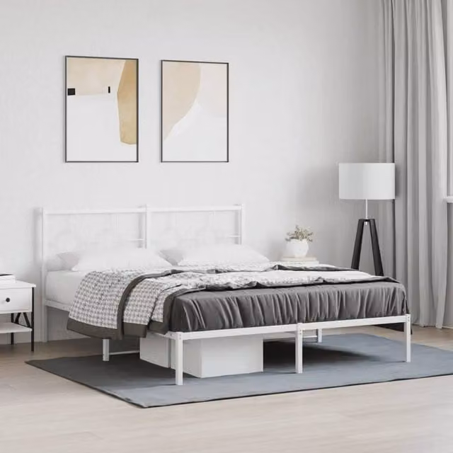 Berkfield Home Metal Bed Frame with Headboard in White, 160 x 200 cm