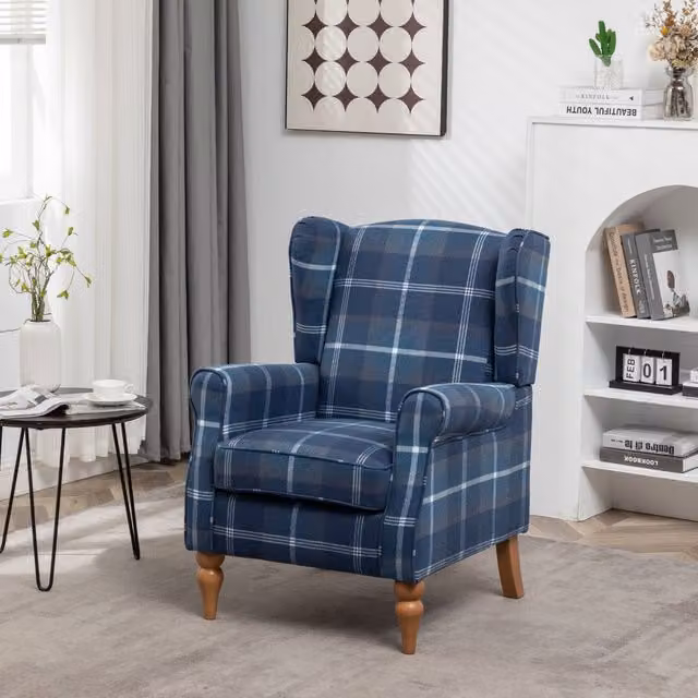 FURNITURE ONE Retro Blue Checked Fabric Wingback Accent Chair with Armrests, W/D/H: 70.0 x 75.0 x 96.0 cm
