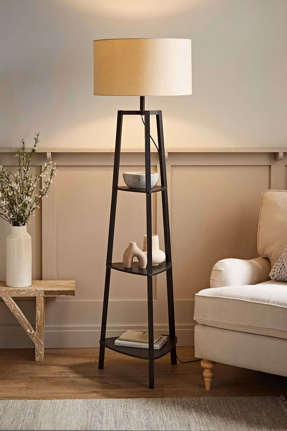 ValueLights Hiru Black 3 Tier Shelf Floor Lamp with Beige Fabric Drum Shade and Bulb Included – 2