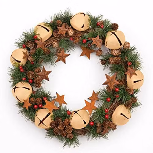 Shatchi Christmas Wreath with Stars and Leaves in Beige, Red and Green, Diameter: 40 cm – 1