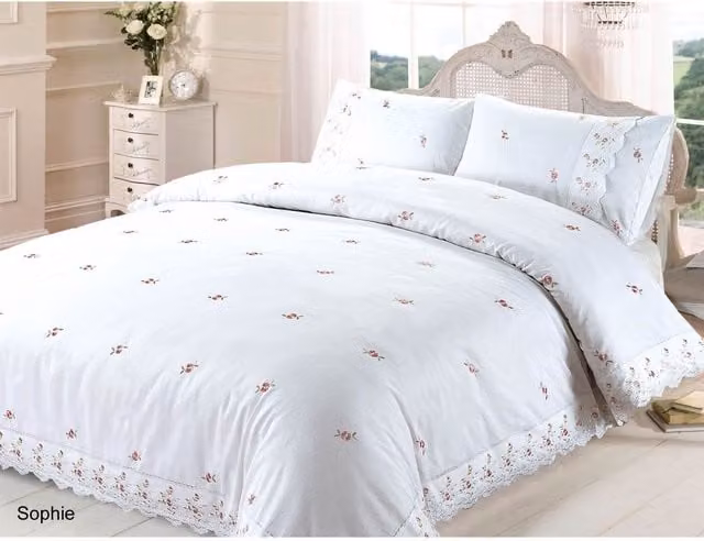 Rapport Sophie Laced Classical Duvet Cover and Pillowcase Set, Floral Vintage Design in White, Pink and Cream, W: 140 cm, L: 200 cm