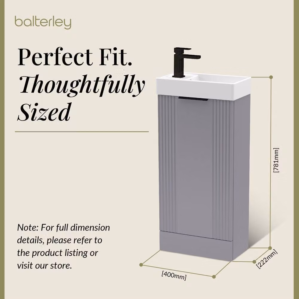 Balterley Grey Freestanding Bathroom Floor Standing Vanity Unit with Soft Close Hinged Doors and Black Handle, W: 40 cm, D: 40 cm, H: 78.1 cm – 2