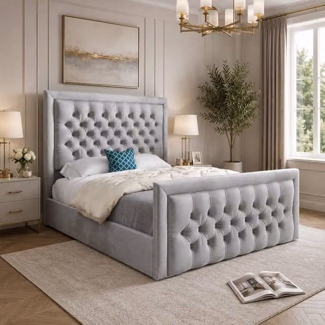 Casani Silchester Upholstered Grey Velvet Designer Bed Frame, W: 140 cm, D: 200 cm – 1