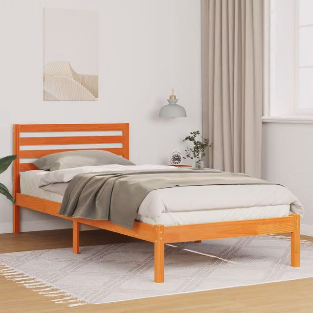 Berkfield Home Solid Pine Wood Bed with Headboard in Wax Brown, W: 80 cm, L: 210 cm – 1