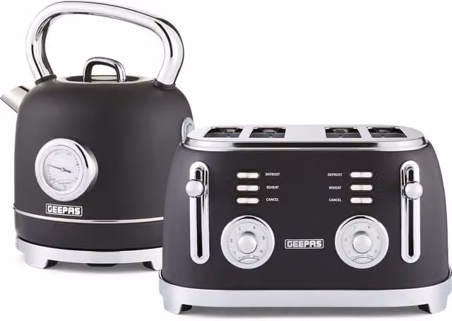 Geepas Retrovive 1.8L Electric Kettle and 4 Slice Bread Toaster Kitchen Combo Set, Black Stainless Steel
