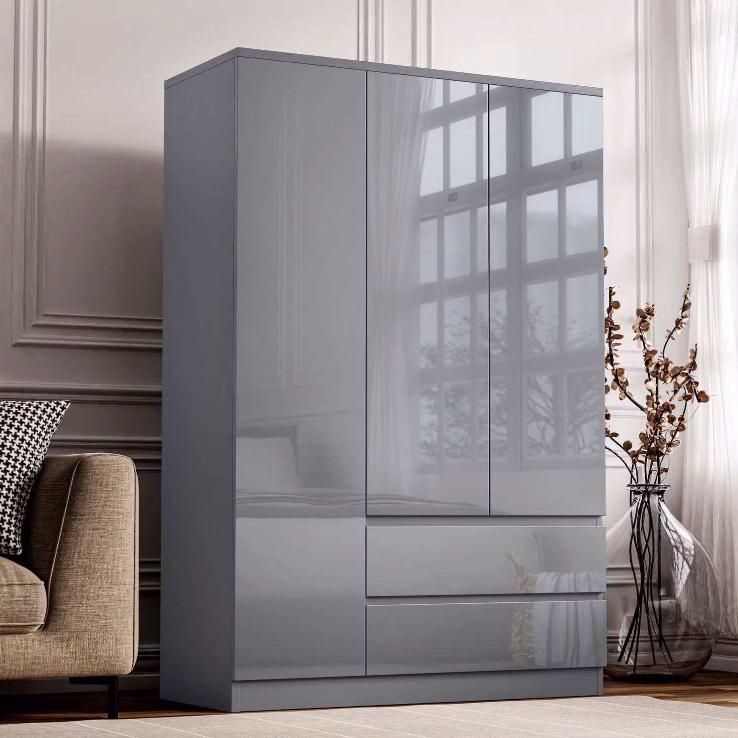 DHS Grey High Gloss 3 Door Wardrobe with Internal Drawers and Shelves, H 180 x W 120 x D 50 cm
