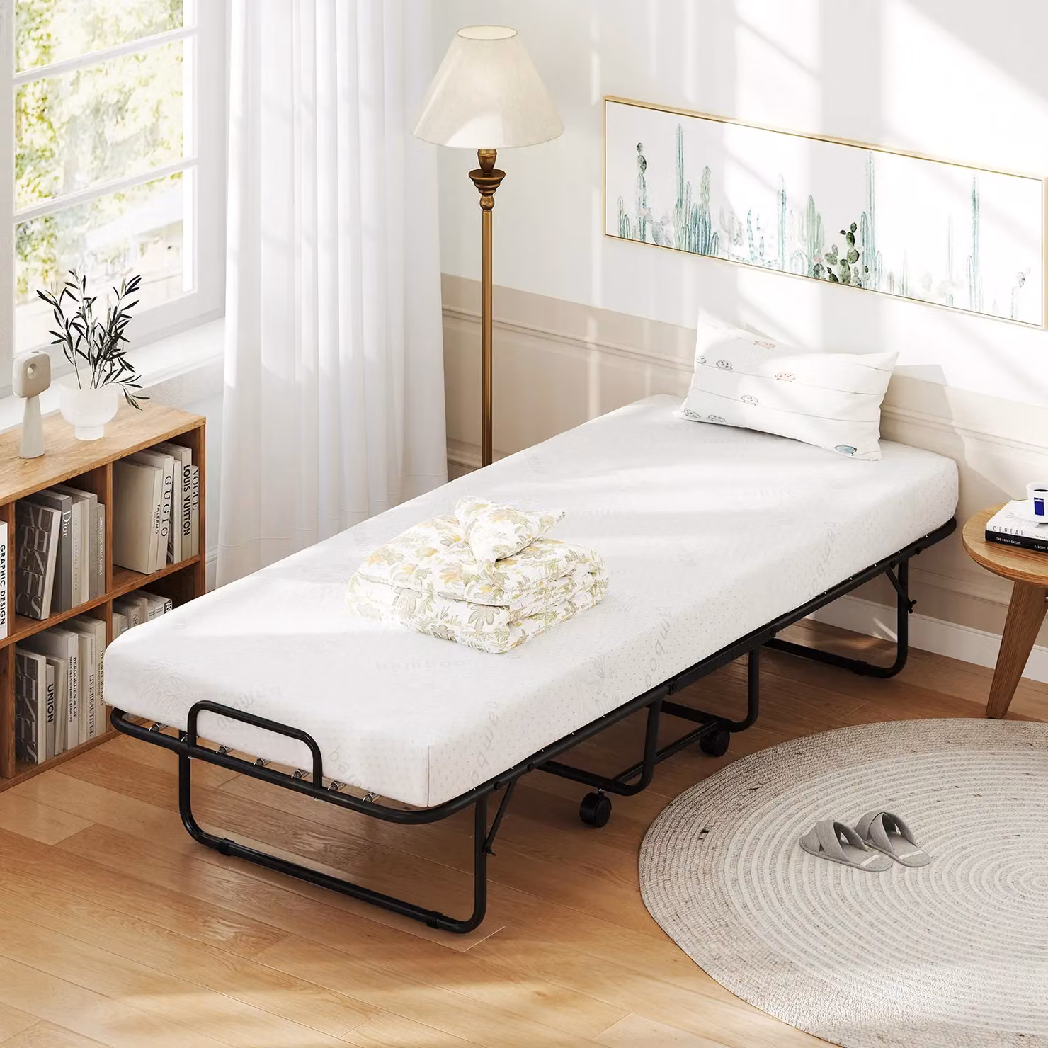 Gymax Rollaway Guest Bed with Memory Foam Mattress and Metal Frame, White, 80 x 190 cm – 2