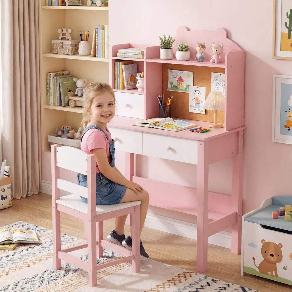 Gymax Kids Study Table and Chair Set with Storage Hutch in Pink – 3