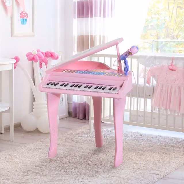HOMCOM 37 Key Musical Mini Electronic Keyboard with Microphone and Stool, Pink
