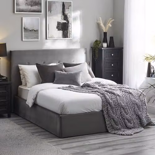 Julian Bowen Shoreditch Grey Velvet Upholstered Ottoman Storage Bed, Double 140x200 cm