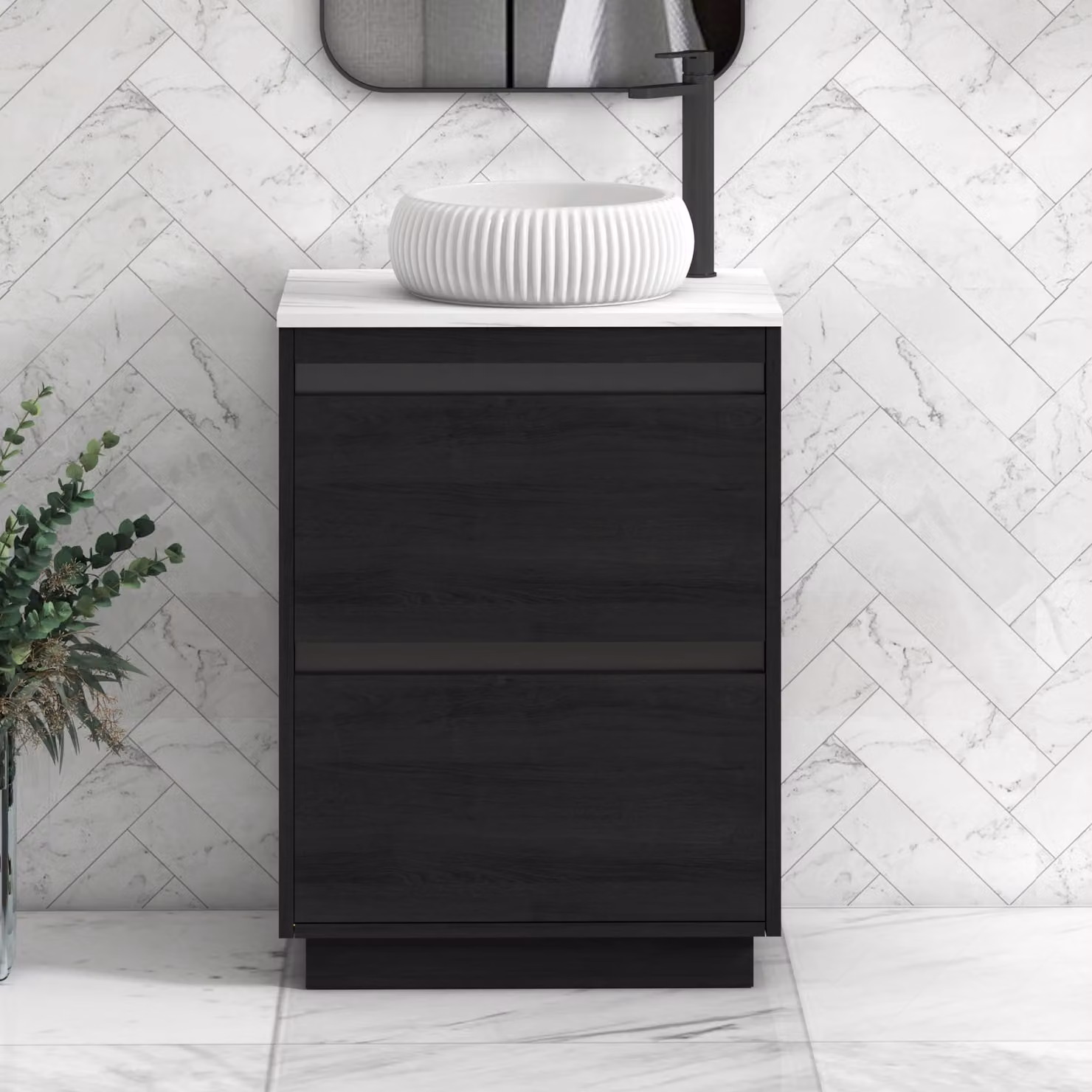 Royal Bathrooms Orion 600mm Hale Black Floor Standing Vanity Unit with Milan Basin and Carrara White Countertop, 2 Drawers, Width: 60 cm