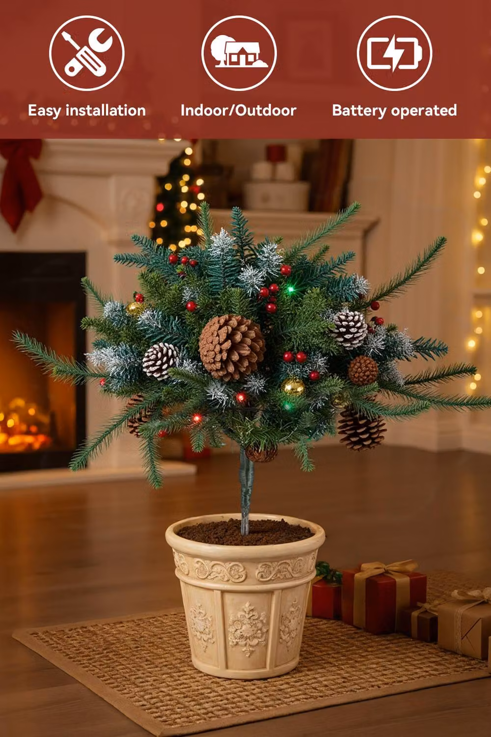 Living and Home Pre-Lit Artificial Christmas Planter Bushes in Green, White and Multicolour – 3