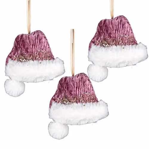 SHATCHI 3-Piece Pink and White Mini Santa Hat Christmas Tree Hanging Pendants, W/D/H: 13 x 12 x 12 cm