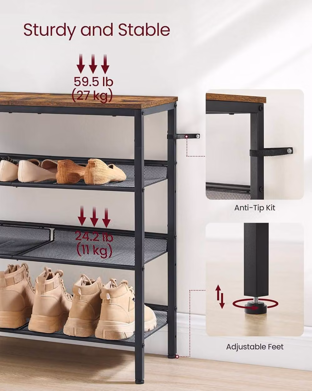 VASAGLE Adjustable Industrial Shoe Rack with Steel Frame and MDF Shelves in Brown – 7