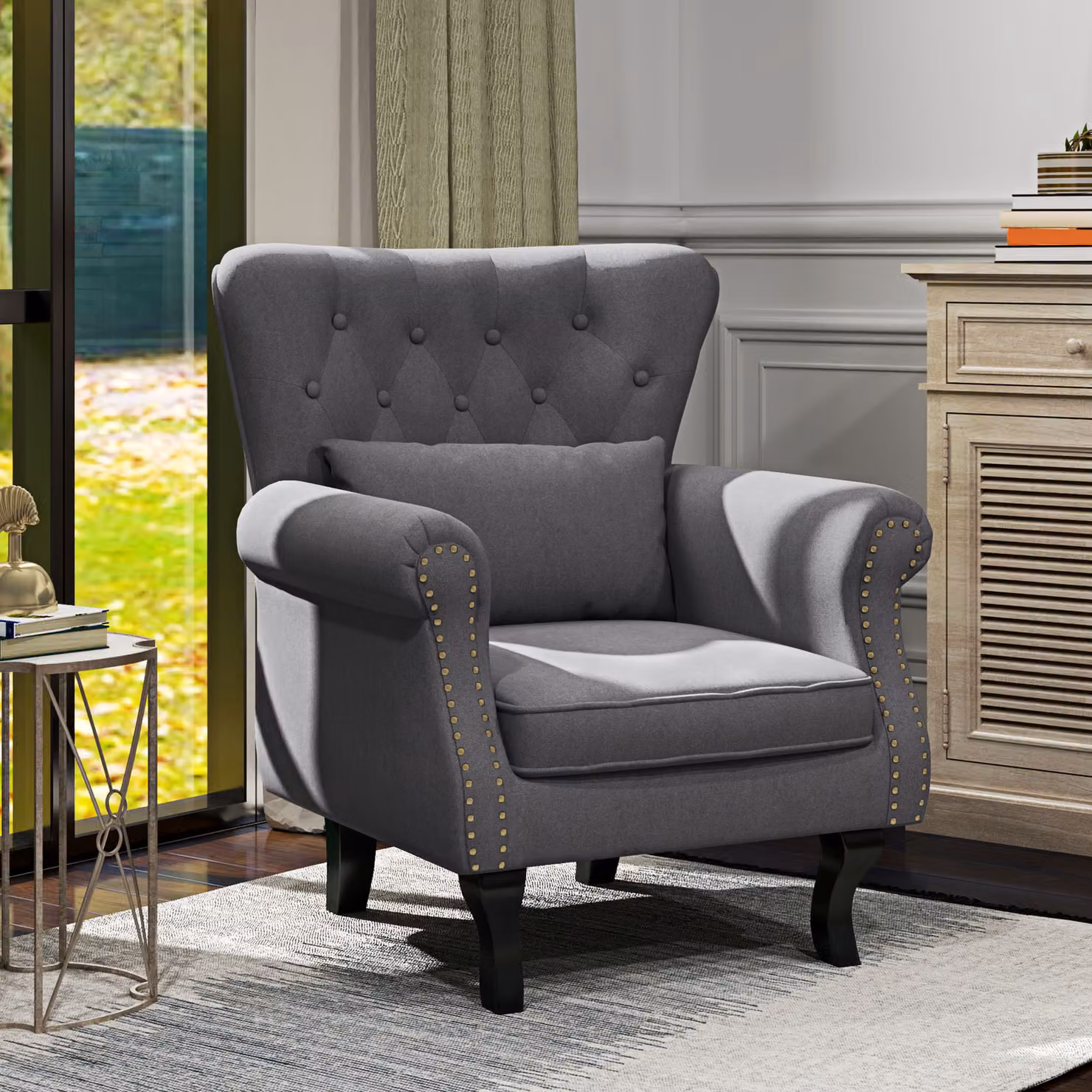 HOMCOM Chesterfield-style Tufted Wingback Accent Chair with Pillow and Nailhead Trim in Dark Grey – 7