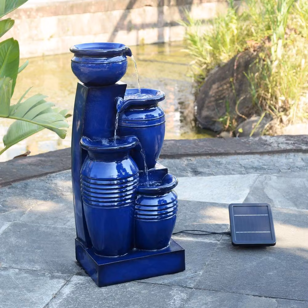 Teamson Home Solar Outdoor Cascade Water Fountain with LED Lights, Blue and Brown, Height: 73 cm – 4