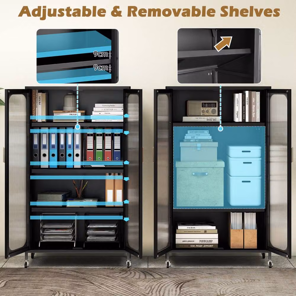 Gymax 5-Tier Tall Kitchen Pantry Cabinet with 2 Hinged Doors and Wheels in Black – 3