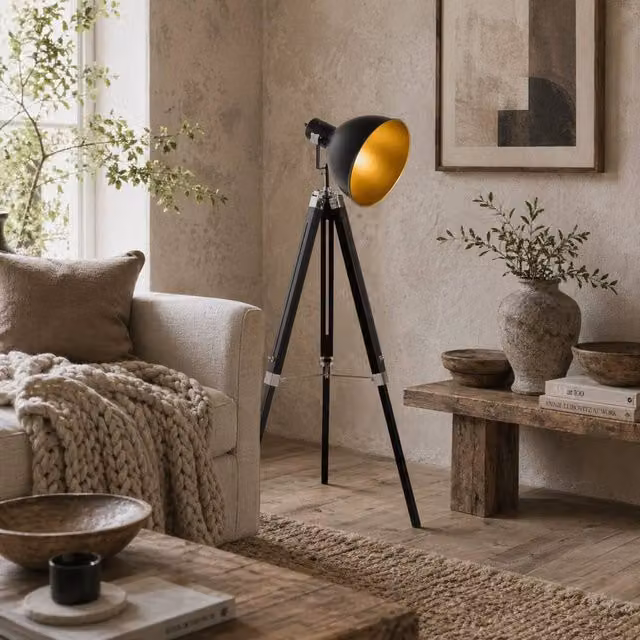 Wyld Haus Cono Adjustable Tripod Spotlight Floor Lamp in Black and Gold/Brass, H 152 cm – 1