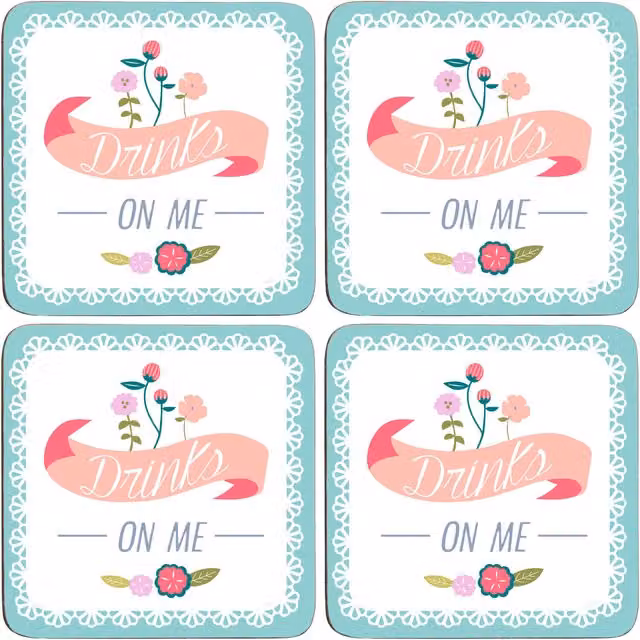 Orsina Set of Four Round Cork Coasters with Floral Design in Multicolour, White and Blue