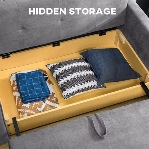 HOMCOM 2 Seater Fabric Sofa Bed with Pull Out Drawer and Hidden Storage, Grey – 6