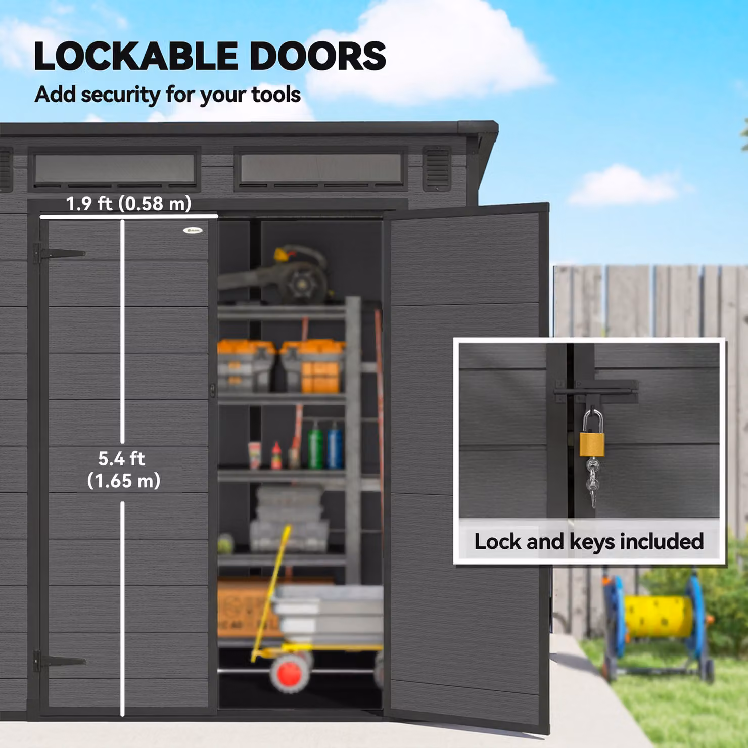 Outsunny Wood-Effect Plastic Garden Shed in Dark Grey with Windows, Floor and Lockable Double Doors – 6