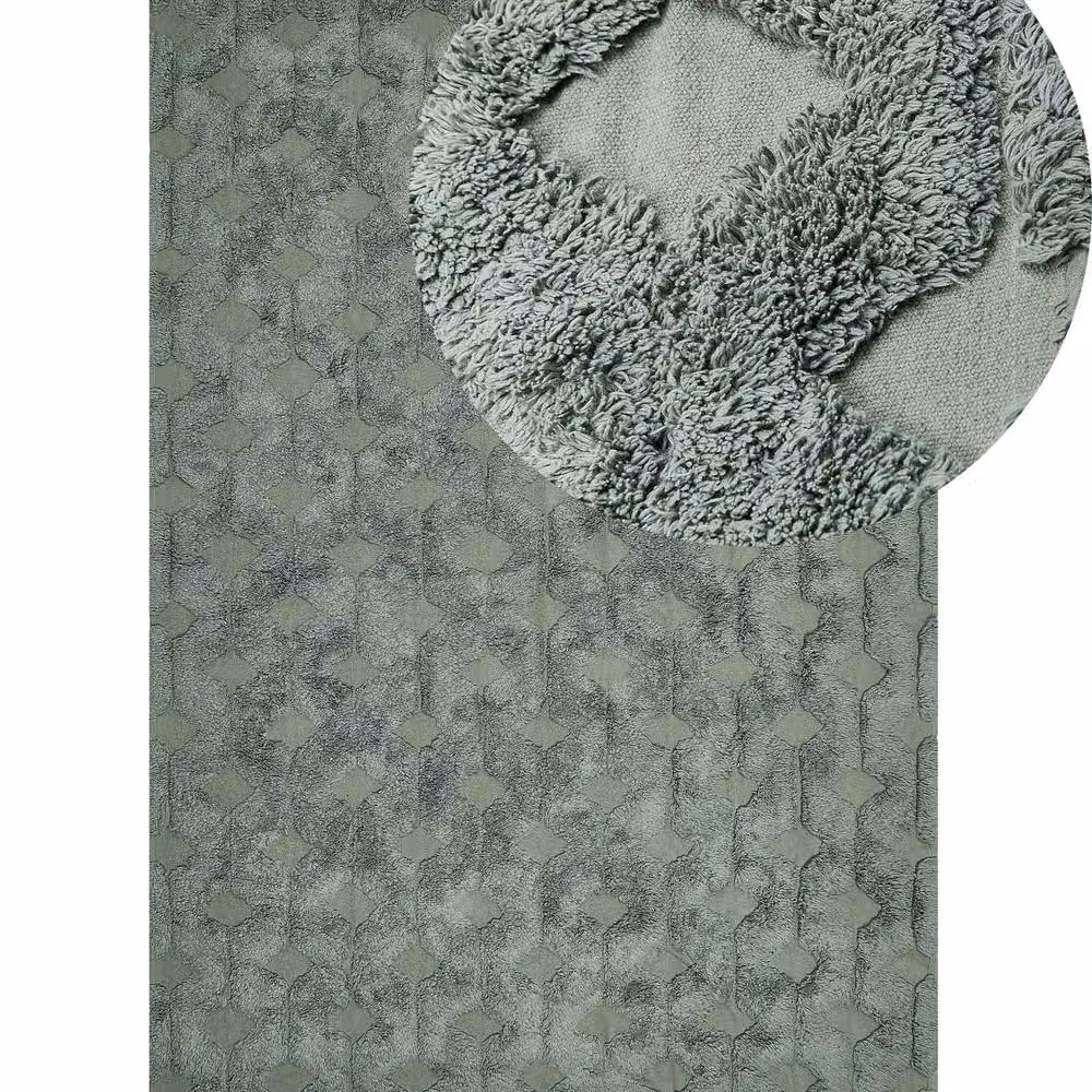 Wyld and Coco Green Hand-Tufted Cotton Geometric Boho Rug with Fringes, W: 140 cm, L: 200 cm – 2