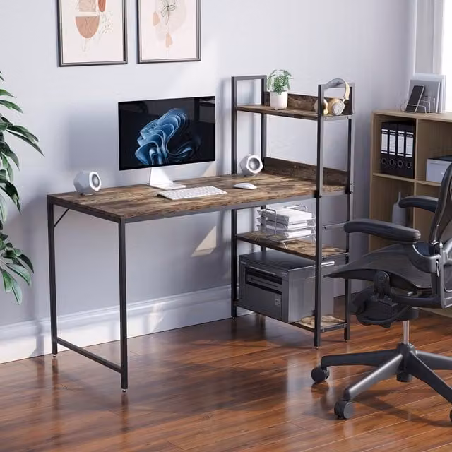 Vida Designs Brooklyn Industrial Computer Desk with 3 Shelves in Brown Wood