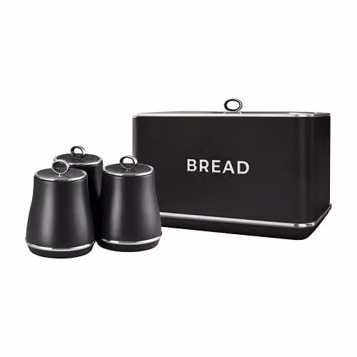 Tower Renaissance Black Bread Bin with 16L Capacity and Set of 3 Airtight Metal Storage Canisters – 1