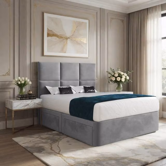 KDMD Itchen Grey Upholstered Designer Bed Frame with Headboard and Drawers, W/D/H: 90 x 190 x 137 cm – 1