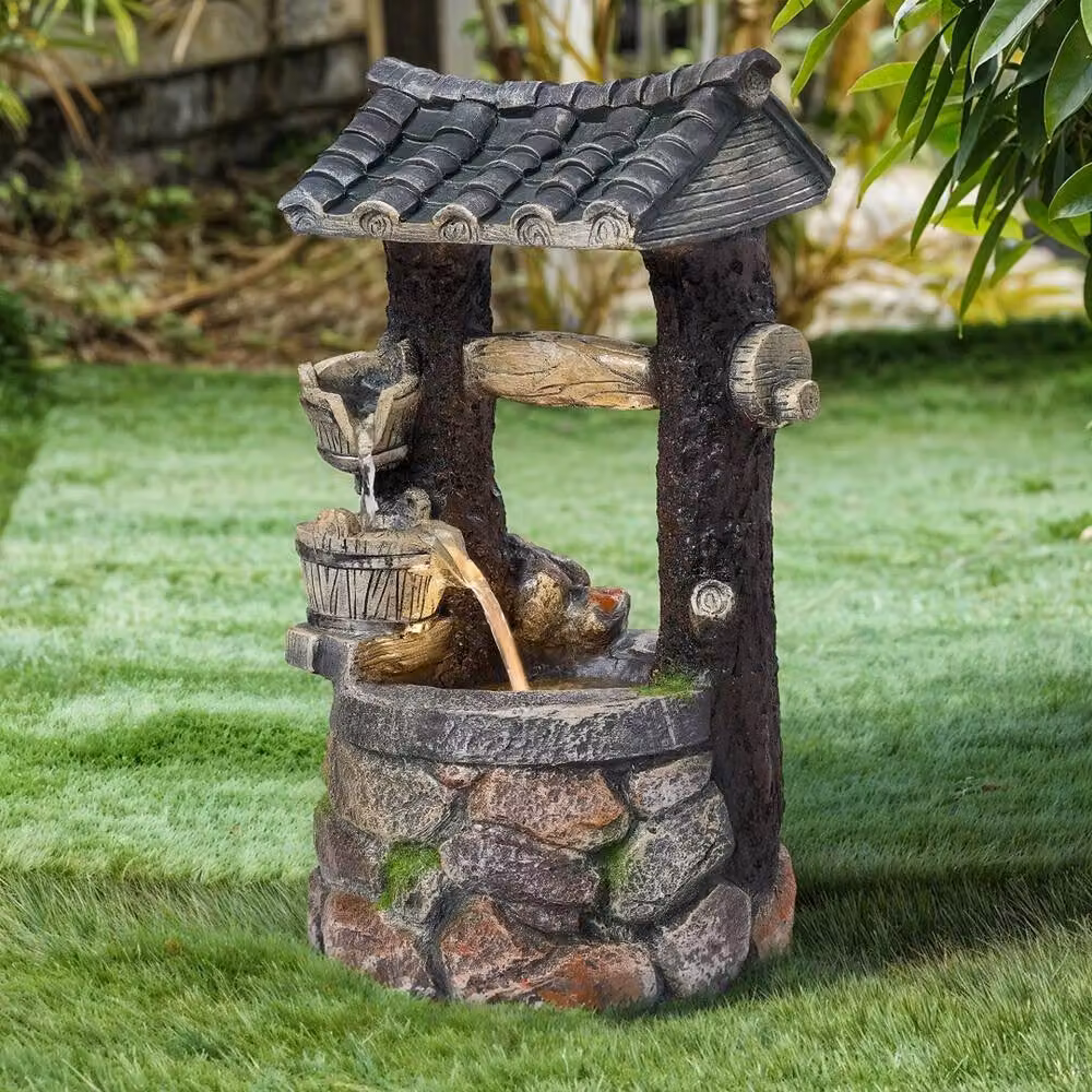 NESTLUNE Grey Solar Wishing Well Cascading Water Fountain, W/D/H: 100 x 100 x 46 cm – 3
