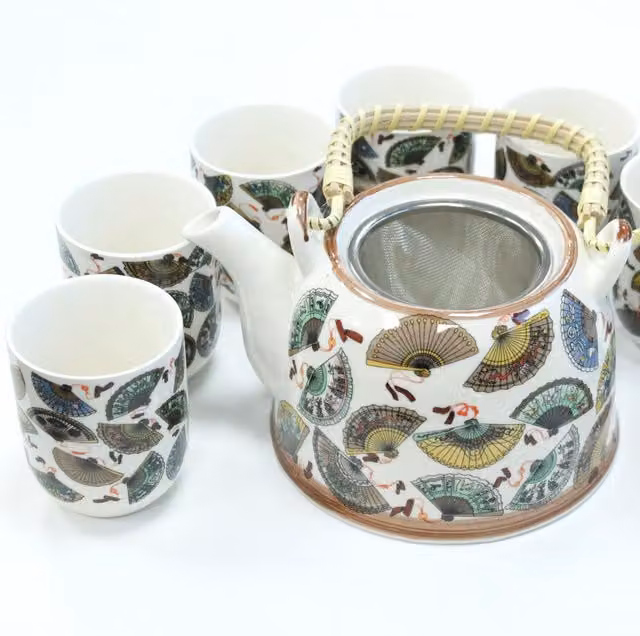 KDMD Ceramic Herbal Teapot Set with Infuser in Multicolour China Fans Design