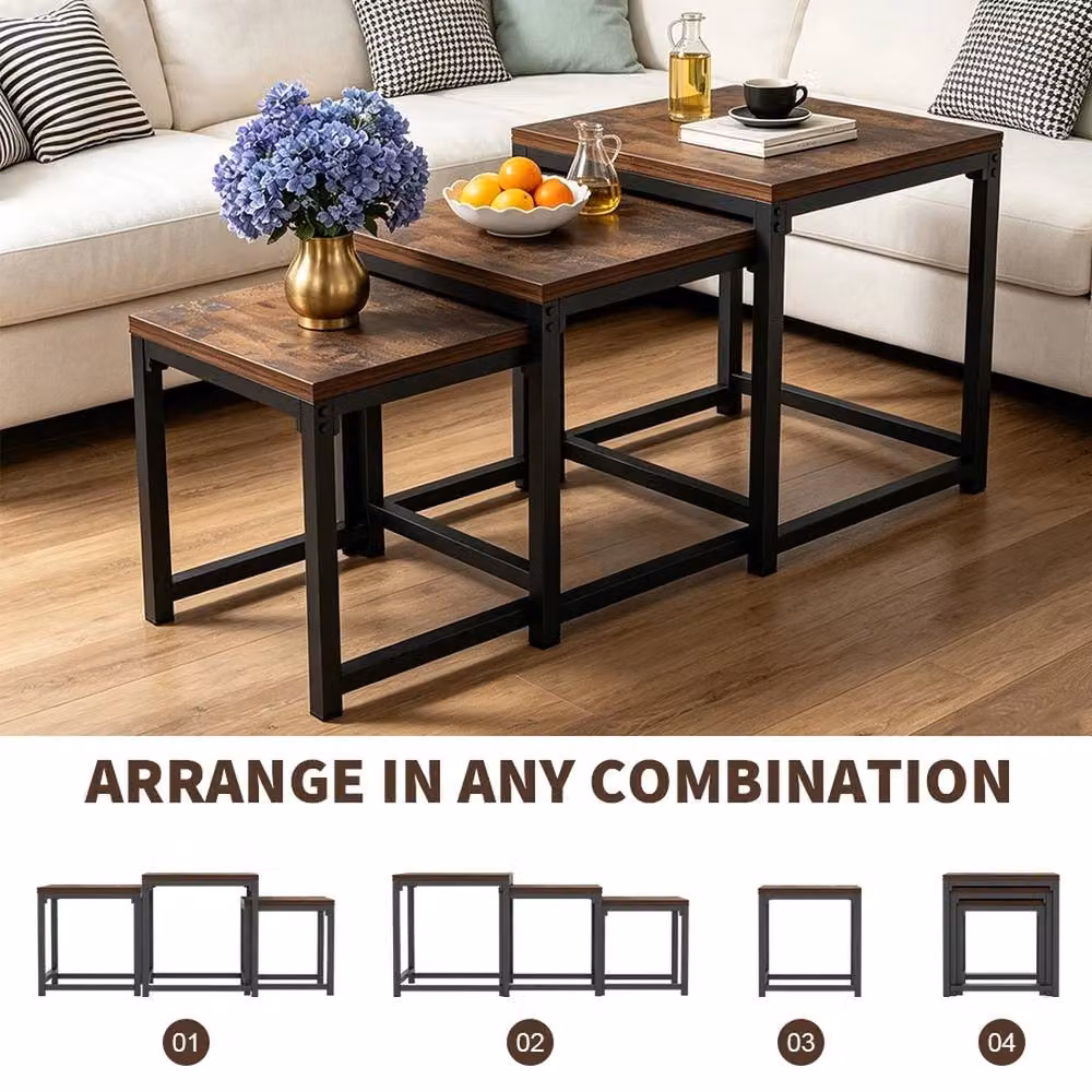 VOGREX Nesting Coffee Table Set of 3 in Brown and Black Industrial Style – 4