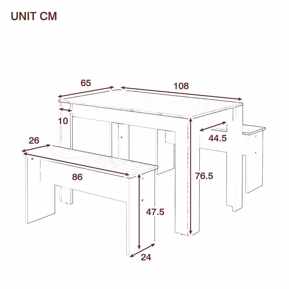 Merax 3 Piece Marble Effect Kitchen Dining Set with Rectangular Table and 2 Benches in White – 2