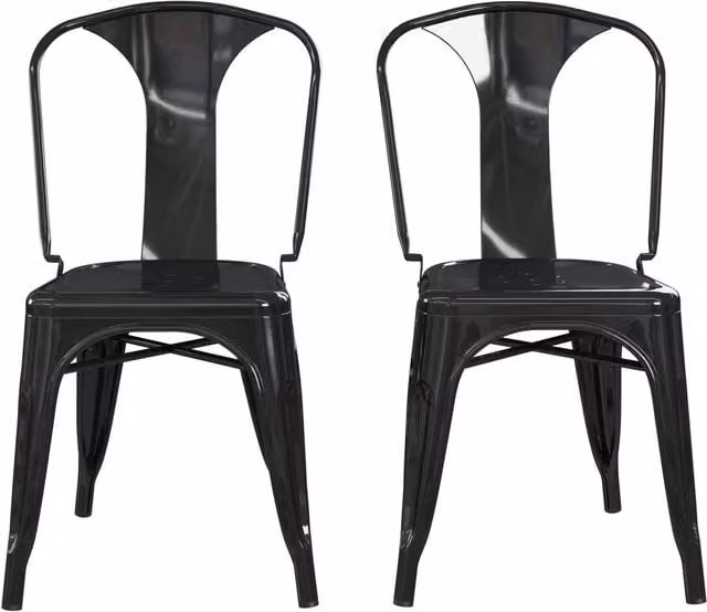 Finn Vintage Metal Dining Chairs, Set of 2, Black Glossy