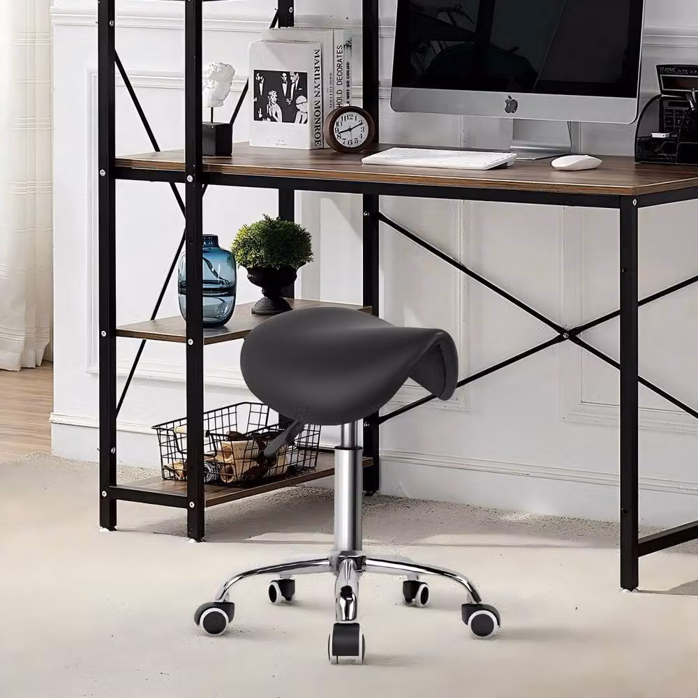 KKTONER Adjustable Rolling Saddle Stool with Castors in Black PU Leather – 3