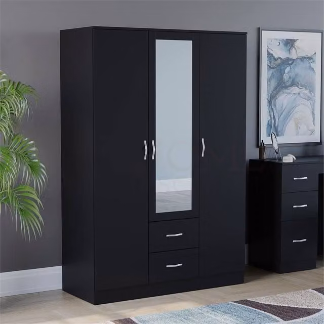 FORGEVIO Black Modern Wide Wardrobe with Hinged Doors, Integrated Drawers and Mirror – 1