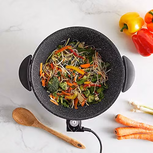 VonShef 1400W Electric Non-Stick Wok with Tempered Glass Lid, 5L Multicooker Skillet in Black – 2