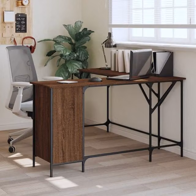 Berkfield Brown Oak Corner Home Office Desk, W/D/H: 141 x 141 x 75 cm