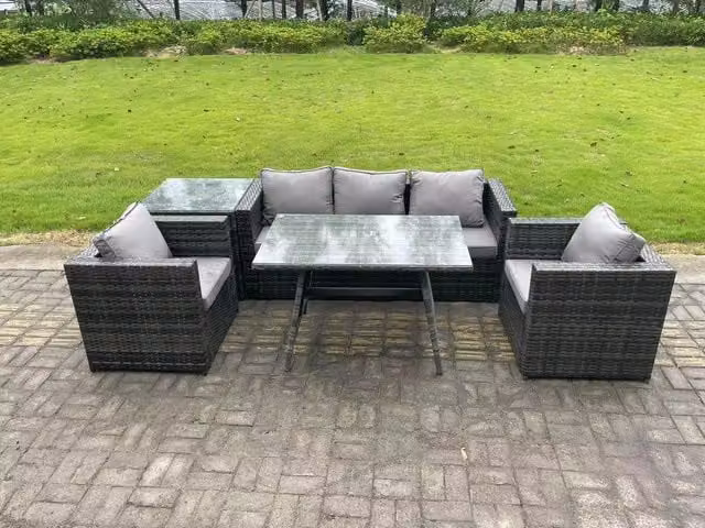 Fimous 5 Seater Wicker Rattan Outdoor Garden Dining Set with Sofa, Oblong Dining Table, Armchair and Side Table in Dark Grey