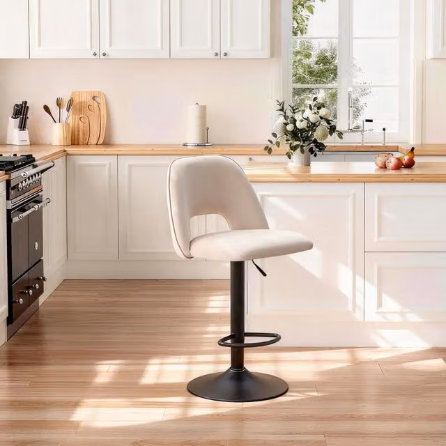 Sonara Modern Swivel Bar Stool with Upholstered Fabric Frame in Gold, White and Beige