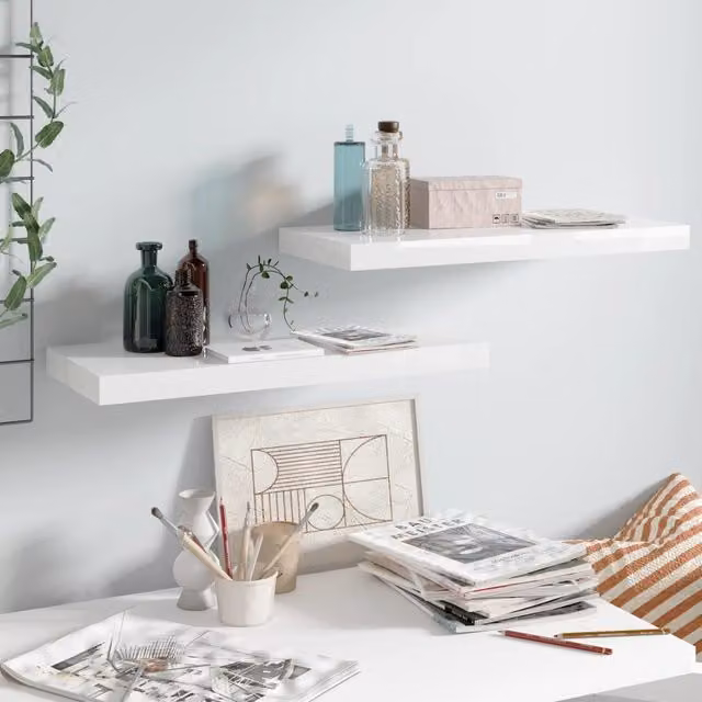 Berkfield Home Floating Wall Shelves, 2 Piece Set, High Gloss White MDF, W: 60 cm, D: 23.5 cm, H: 3.8 cm