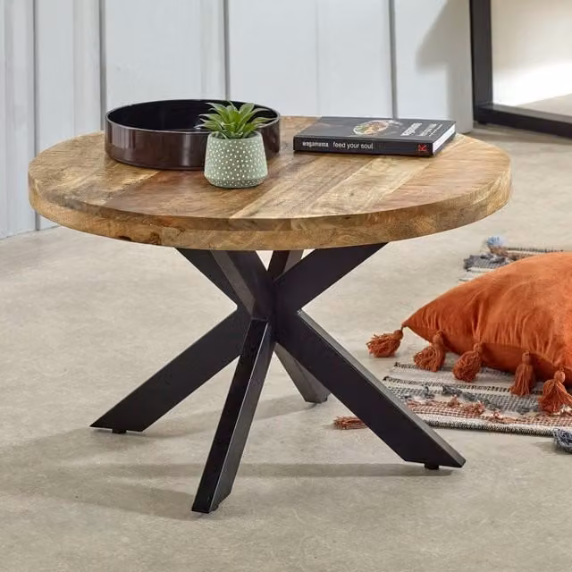 IH Design Bratton Mango Wood Round Coffee Table with Spider Legs in Brown, Diameter: 80 cm, Height: 45 cm – 1