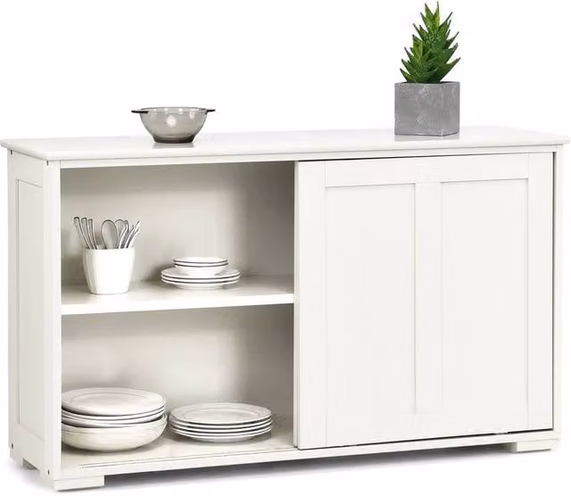 KORVIXA White Freestanding Kitchen Storage Cabinet with Sliding Doors and Internal Shelves