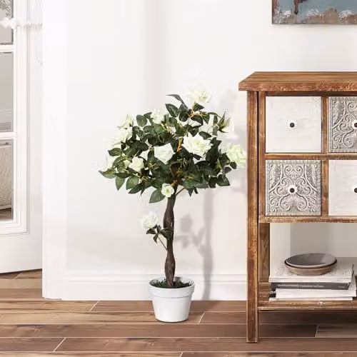 Outsunny White Artificial Rose Tree with 21 Flowers and 350 Silk Leaves, 90 cm Height – 3